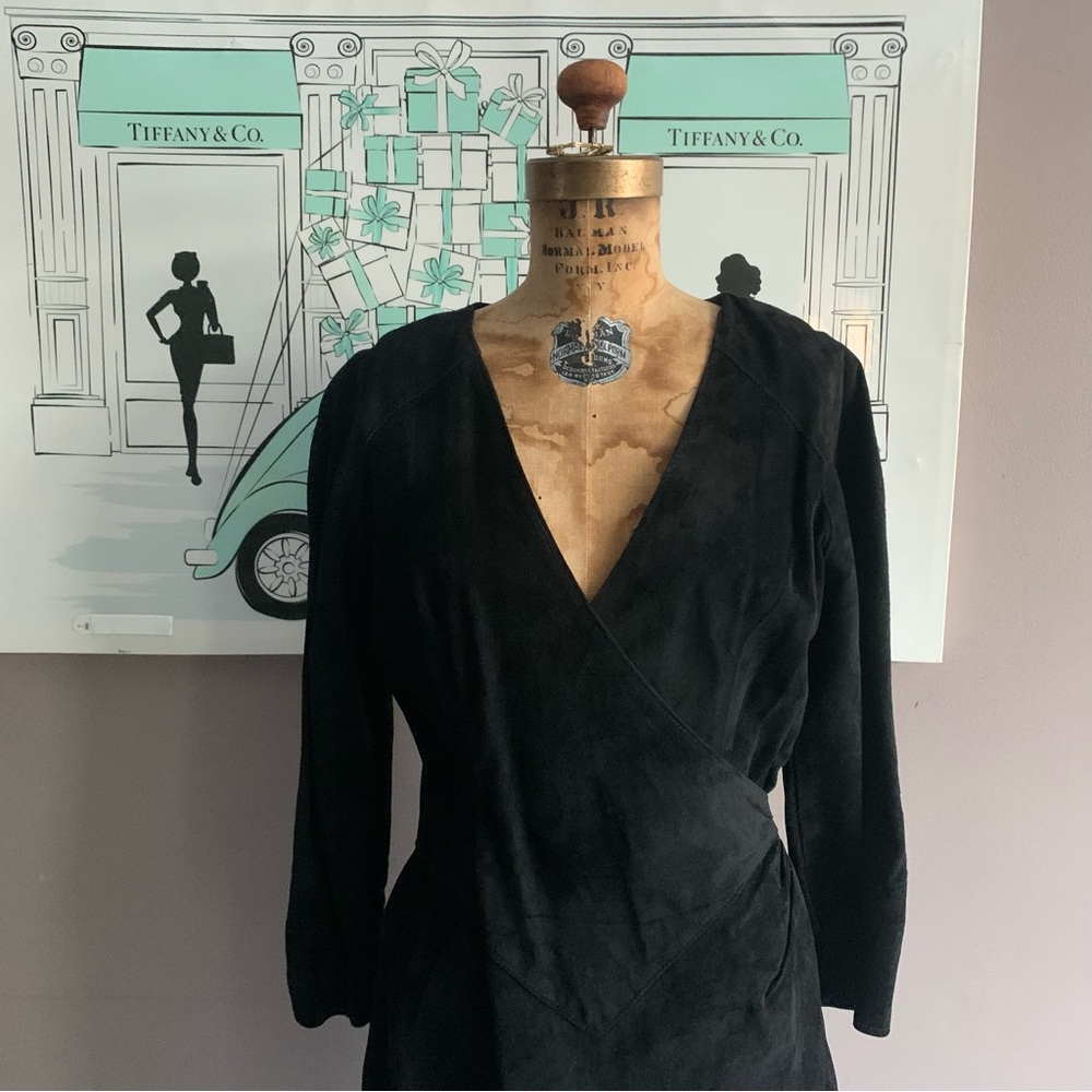 Vintage Black Suede Firenze Santa Barbara Bodycon V Neck Dress, Small - Picture 4 of 11